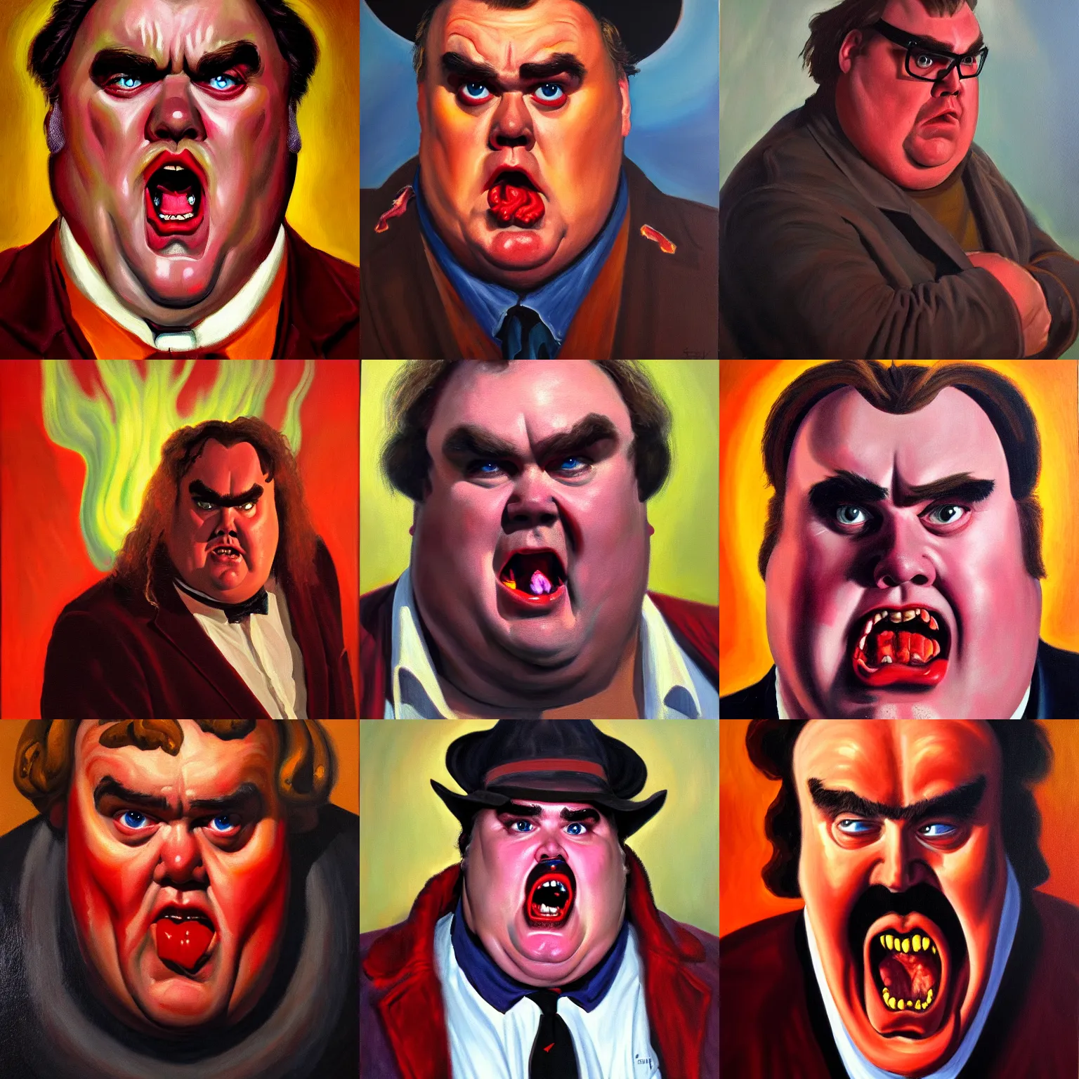 Prompt: portrait from hell, john candy, frightened, fire and brimstone, oil on canvas by sidney mount, trending on artstation