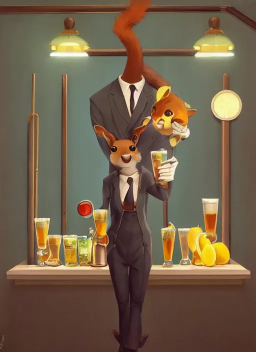 Image similar to squirrel anthro as a dapper bartender with a big, fluffy tail, retro futurism, art deco, detailed, painterly digital art by WLOP and Cory Loftis and Goro Fujita, 🐿🍸🍋, furaffinity, trending on artstation