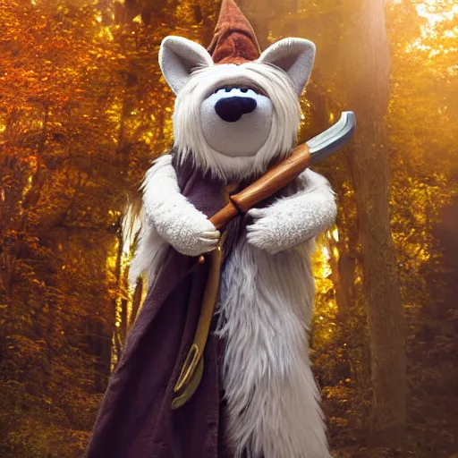 Image similar to photorealistic real life foxfolk wizard druid as a furry muppet plush wearing a fancy elven cloak and holding a sentient scimitar, photography, national geographic, sesame street