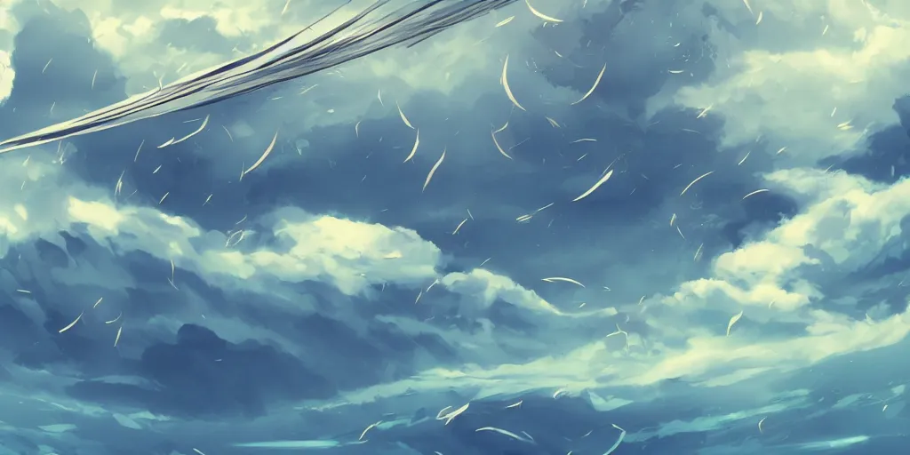 Prompt: background art of flying longswords flowing through the slicing through directional wind on a simple cloudy sky background featuring an enormous tsunami, big puffy clouds, sharp rain, large rose petals, lotus petals, large polygonal background elements, large polygons, dramatic anime, dramatic lighting, artgerm, manga, trending on artstation, art nouveau, mature colors