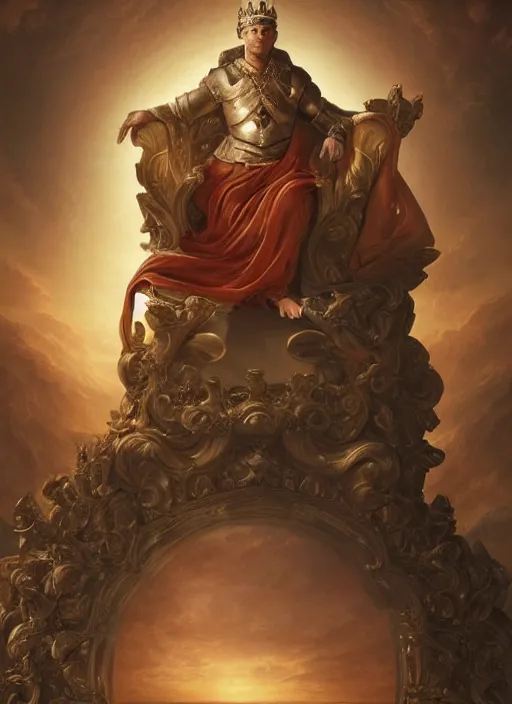 Image similar to wisened philosopher king (an absolute monarch of his wealthy european kingdom) resides on his trone, his gaze transfixed on the horizon of the infinite timespan, highly detailed DnD portrait by Raffaello Ossola and Ross Tran and Greg Rutkowski, stunning detail, 8k, 4k