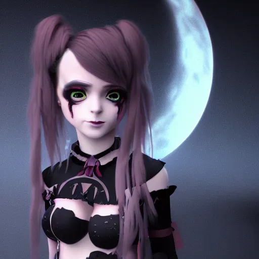 Image similar to full shot portrait of angry darkness Clara Morgane as a cute anime girl at moonlight, snowing, gothic wearing, inspired by Tim Burton, Amano, detailed, unreal engine 4k volumetric light, fog,