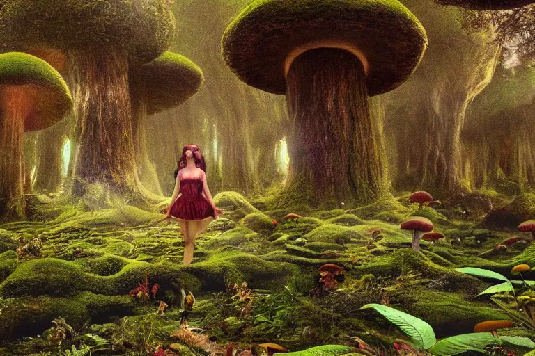 Prompt: a photo of the most beautiful gem in the world hovering in a mystical huge mushroom forest, dreamy