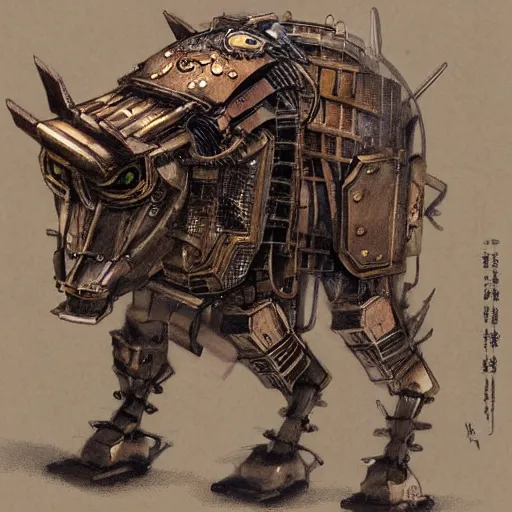 Prompt: a rampaging ashigaru steampunk - inspired mecha boar of bamboo, laquer and steel by brian froud and greg rutkowski