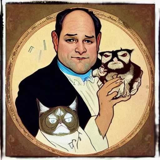 Image similar to “ portrait of george costanza from seinfeld holding grumpy cat, art nouveau, by alphonse mucha ”