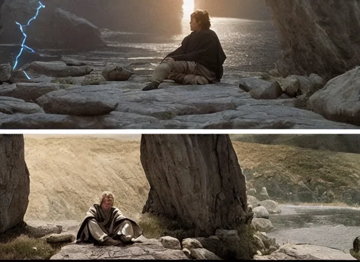 Image similar to screenshot of Luke Skywalker using the force to make rocks float around him, sitting outside on the rocky jedi temple, famous scene from the last jedi, 1980s film directed by Stanley Kubrick cinematic lighting, kodak, moody cinematography, with anamorphic lenses, crisp, detailed portrait, 4k image