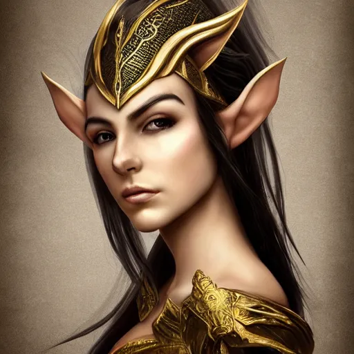 Prompt: side portrait of a female elven warrior, fantasy, head tilted down, black hair, gold armour, gold jewelry, white skin, detailed face, trending on artstation, gsociety, D&D, elegant, highly detailed, sophisticated, hyperrealistic, realistic eyes, detailed illustration, smooth, sharp focus, upper body, intricate, rule of thirds, holy glow, backlit, hd 4k by Greg Rutkowski, Alphonse Mucha, Charlie Bowater, Karol Bak