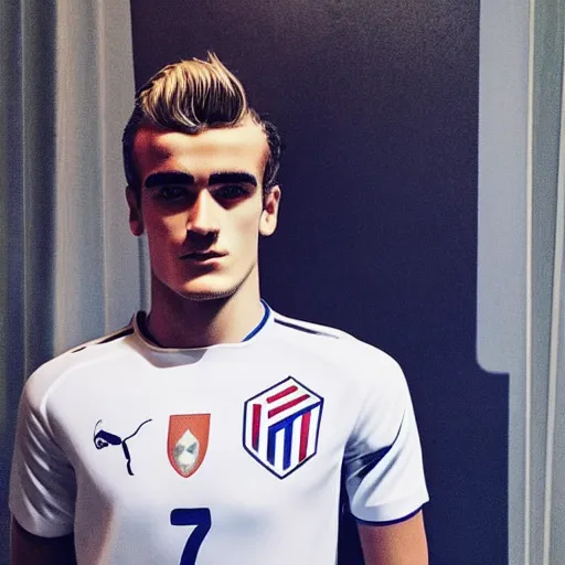 Image similar to “ a realistic detailed photo of a guy who is an attractive humanoid who is half robot and half humanoid, who is a male android, soccer player antoine griezmann, shiny skin, posing like a statue, blank stare, on the bed, on display ”