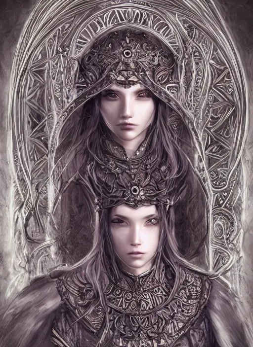 Image similar to full body concept art sheet, photorealistic symmetrical beautiful teenage face, symmetric eyes, female priestess with shiny hair wearing full intricate clothing, temple, godray, intricate, cg society, Elden Ring, darksouls, bloodborne