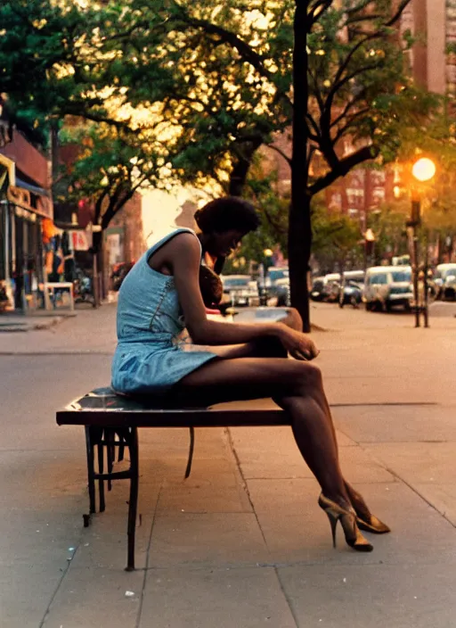 Image similar to a 35mm photograph of a woman sitting on a bench in Harlem, New York City in the 1960's at sunset, bokeh, Canon 50mm, cinematic lighting, photography, retro, film, Kodachrome, award-winning, rule of thirds, golden hour