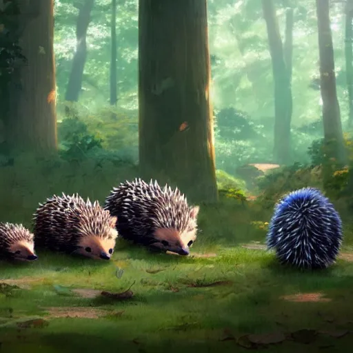 Image similar to a family of hedgehogs in the forest, in the style of makoto shinkai and greg rutkowski and james gurney