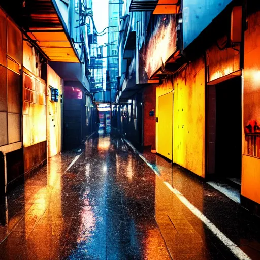 Image similar to a rainy cyuberpunk neo tokyo alley with a black cat sleeping on the wet floor, photo, 4 k