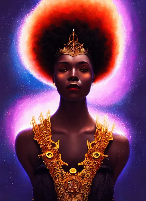 Image similar to portrait of young black woman with glowing crown jewels, afro - futurist style, intricate, elegant, exploding nebulae, highly detailed, digital painting, artstation, concept art, smooth, sharp focus, illustration, art by wlop, mars ravelo and greg rutkowski