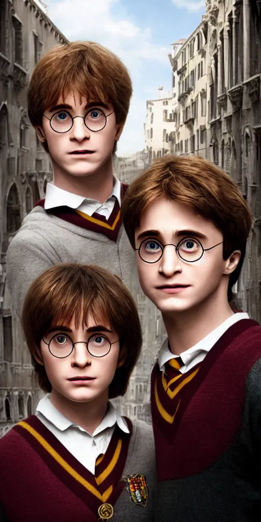 Image similar to Harry Potter Ron and Hermione in Venice, hyper realistic face, symmetrical face, beautiful eyes,