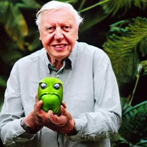 Image similar to Sir David Attenborough with a green alien