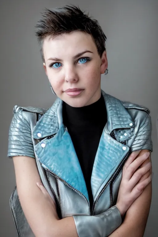 Prompt: a professional portrait of thalia grace, a teenage white girl with electric blue eyes, short choppy shoulder-length spiky black hair, a smirk, freckles, a silver circlet in her hair, a leather jacket, and a punk style