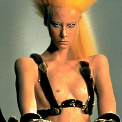 Prompt: avant - garde fashion model, still from movie the fifth element, highly detailed