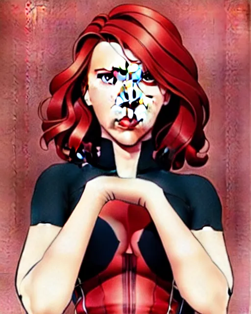 Image similar to phil noto comicbook cover art, pretty scarlett johansson black widow, symmetrical eyes, long red hair, full body, city rooftop