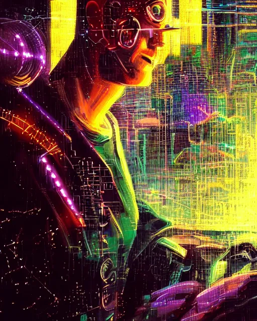 Image similar to a cyberpunk close up portrait of cyborg zeus, electricity, sparks, bokeh, soft focus, sparkling, glisten, water drops, cold, dark, geometric, temples behind, by paul lehr, jesper ejsing