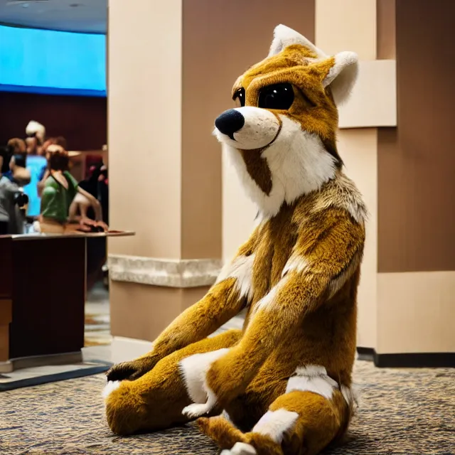 Image similar to a person wearing a fursuit of a pica nutalli fursona, fursona, furry convention, hotel lobby, indoors, photograph, furry fandom, photorealistic,