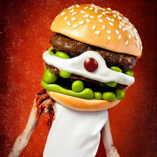 Image similar to a humanoid bipedal upright zombie that strongly resembles a hamburger, professional food photography