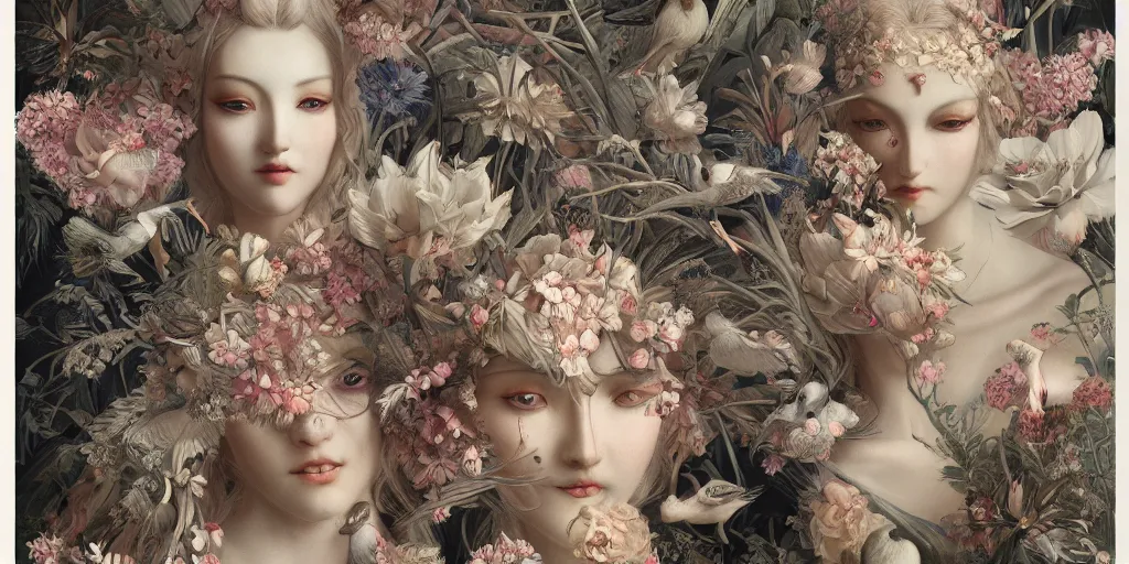 Prompt: breathtaking detailed concept art painting art deco pattern of blonde faces goddesses amalmation flowers with anxious piercing eyes and blend of flowers and birds, by hsiao - ron cheng and john james audubon, bizarre compositions, exquisite detail, extremely moody lighting, 8 k