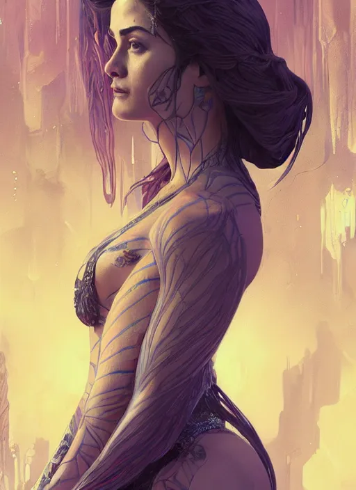 Image similar to altered carbon, Maya Ali as a sorceress, side view, tarot, sweat drops, fibonacci, insane, prismatic, intricate, highly detailed, digital painting, artstation, concept art, smooth, sharp focus, illustration, Unreal Engine 5, 8K, art by artgerm and greg rutkowski and alphonse mucha