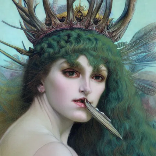 Image similar to a detailed portrait of a green haired queen of feathers with an antler crown by wayne barlowe and mucha