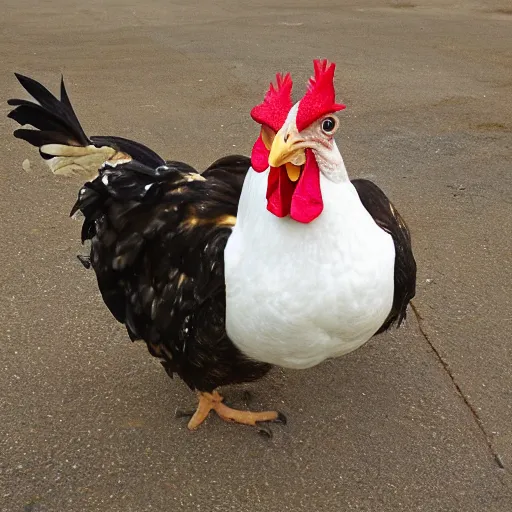 Image similar to chicken wearing prisioner clothes