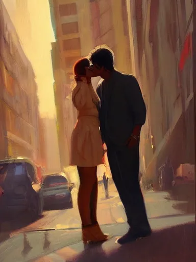 Image similar to masterpiece painting by salman toor, of a solo individual portrait of a guy and a girl kissing, cinematic light, renaissance, atmospheric effects, artstation