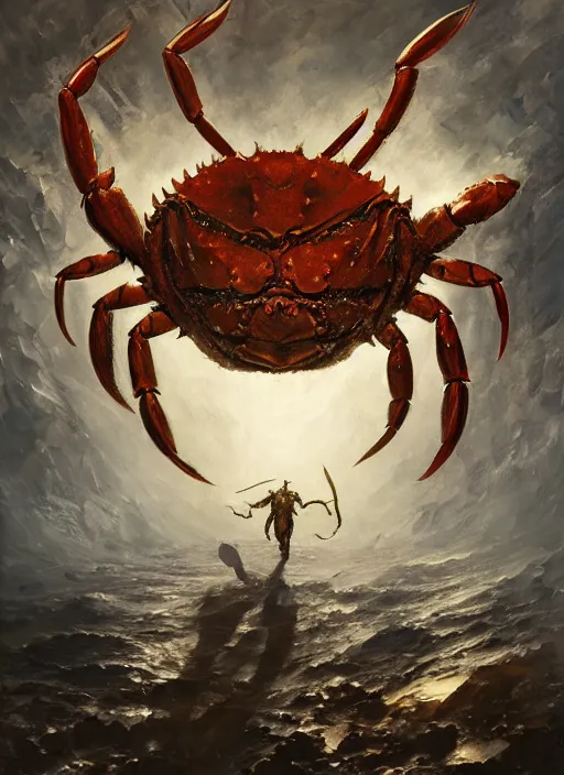 Image similar to Oil painting of a crab monster, portrait, D&D, Magic The Gathering, by Craig Mullins, Nekro, Victo Ngai, centered, symmetrical, 8k, sharp focus