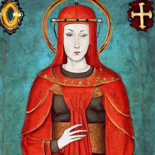 Image similar to a woman with red short hair, red hair, wearing a medieval armor, intricated details armor, holy knight, a halo on her head, holy saint, holy ichonography, catholic fresco