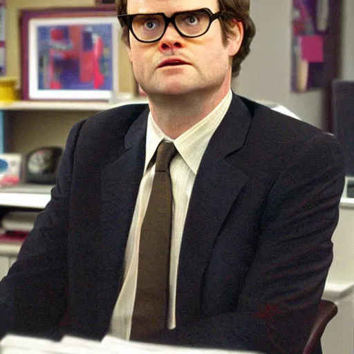 Prompt: close-up of Rainn Wilson in The Office (2005) as Dwight Schrute, highly detailed, sharp focus, digital painting, artwork by Victor Adame Minguez + Yuumei + Tom Lovell + Sandro Botticelli
