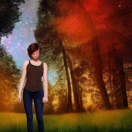 Image similar to an hd photo of a young woman with short brown hair and green eyes, beautiful trees in the background, night sky with stars and galaxies, trending on artstation