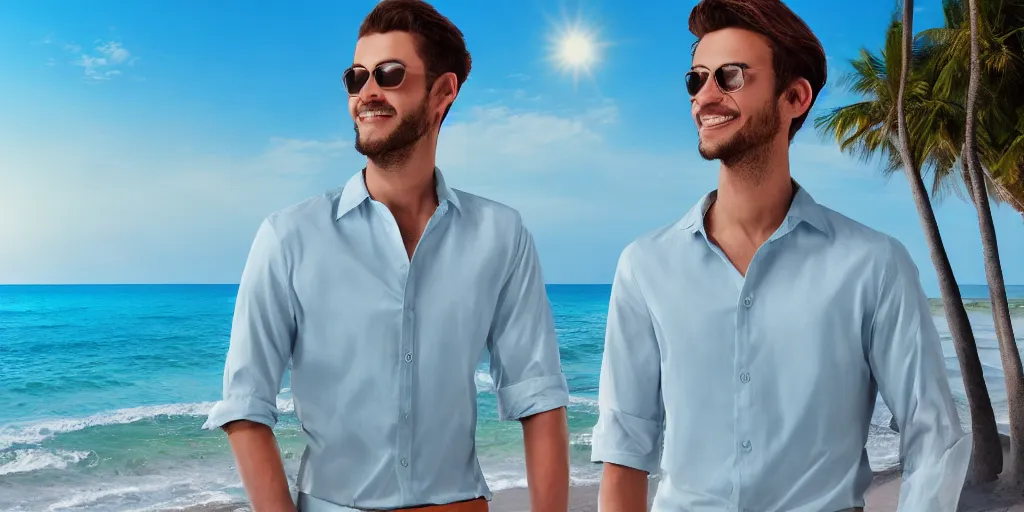 Image similar to a handsome guy is standing tall, in a beautiful shirt, with the beach, sea, sun, rays in the background? super detail, one character