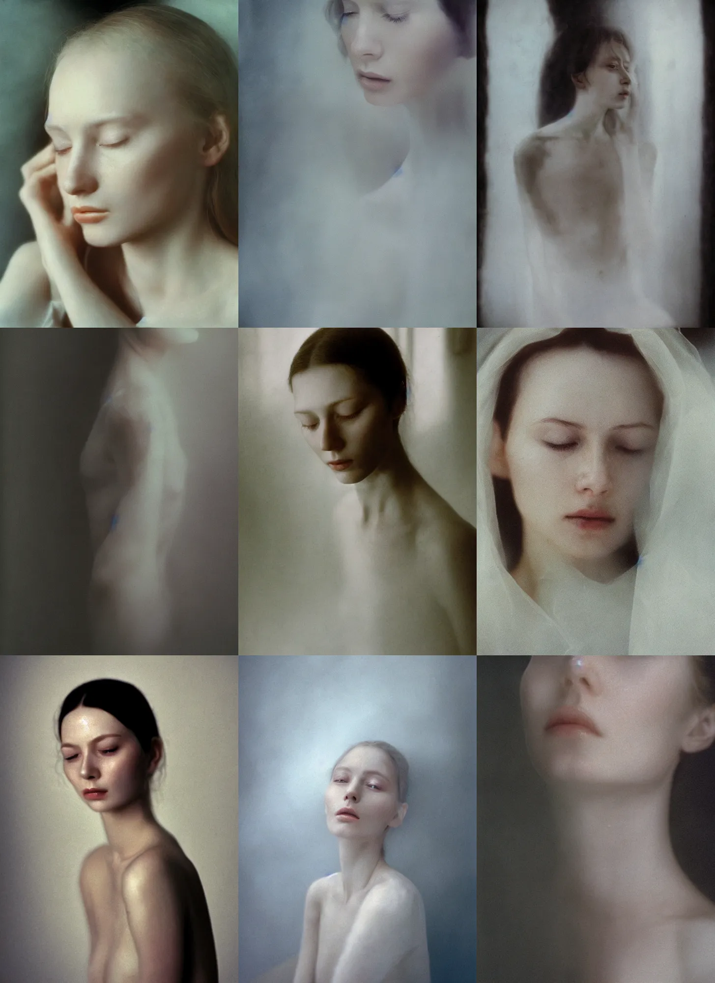 Prompt: dof, photorealistic portrait of a beautiful aesthetic pale woman by andrei tarkovsky, translucent white skin, closed eyes, foggy
