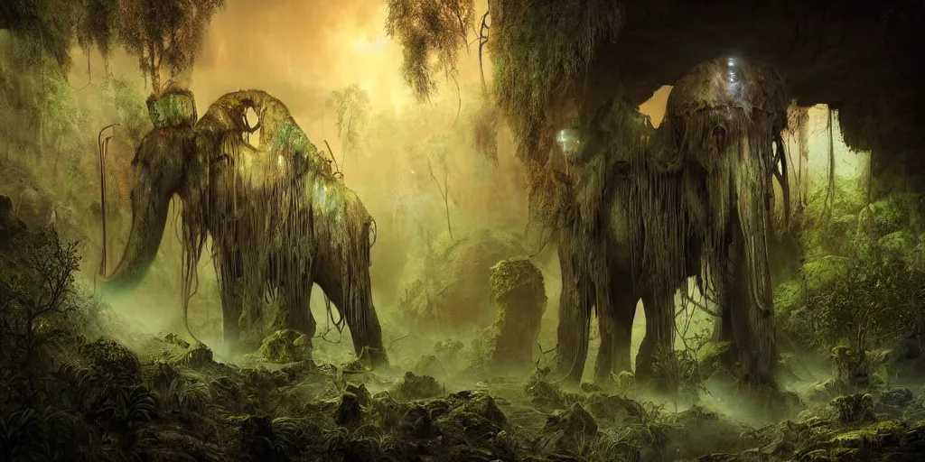 Image similar to magnificent mechanical steampunk mammoth looking eerily into a cave entrance with lush vegetation and mystical (((glowing algae))) in the sunset, desaturated, creepy ambiance, dangerous, sharp focus, highly detailed, artgerm