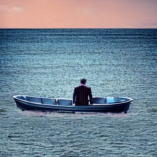 Image similar to realistic photo of a man standing in a small boat swimming in a sea of broken mirrors