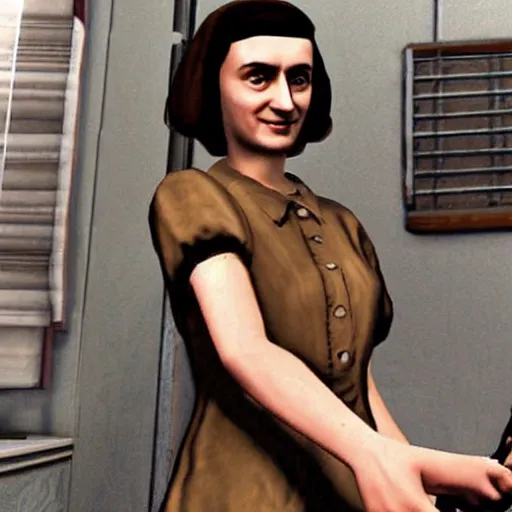 Prompt: anne frank holding gun in gta v