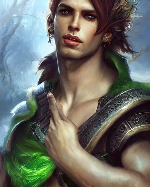 Image similar to a beautiful male warrior, perfect face with green eyes, 8 k, hyperrealistic, hyperdetailed, amazing ratio, fantasy portrait by laura sava