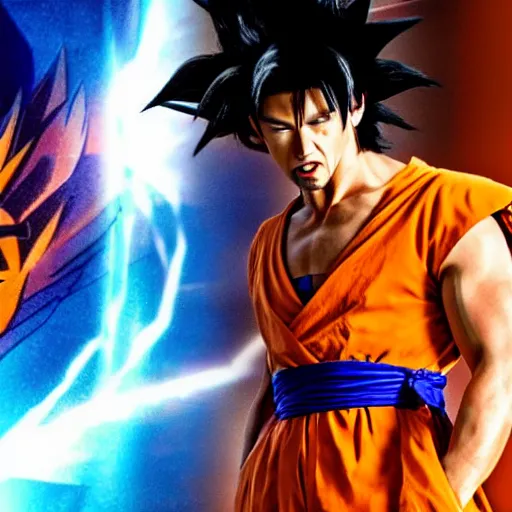 Image similar to photo of keanu reeves as goku in live action dragon ball z movie, cinematic movie still, 8 k hdr