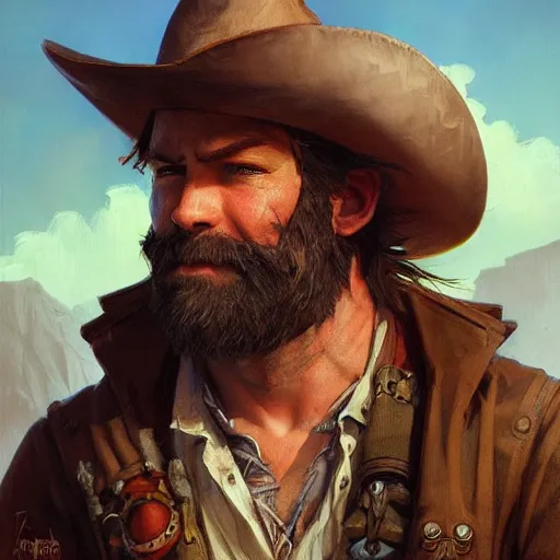 Prompt: rugged bearded cowboy, painted fantasy character portrait, headshot, fantasy, highly detailed, digital painting, artstation, concept art, sharp focus, illustration, art by artgerm and greg rutkowski and alphonse mucha