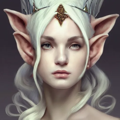 Image similar to portrait of gorgeous elf, thorn crown, thorn background, small ears, white silk dress, headshot, pale skin, 4k, rule of thirds, extreme detail, detailed drawing, trending artstation, hd, fantasy, D&D, realistic lighting, by Alphonse Mucha, Greg Rutkowski, sharp focus, backlit, bright white hair, elegant