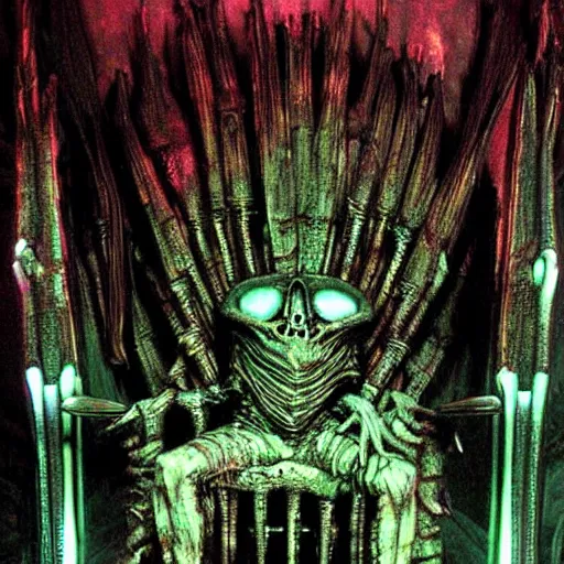 Image similar to a giger nightmare throne, dark neon colors shade glow backlit, evil throne of power, photo pic by realistic horror