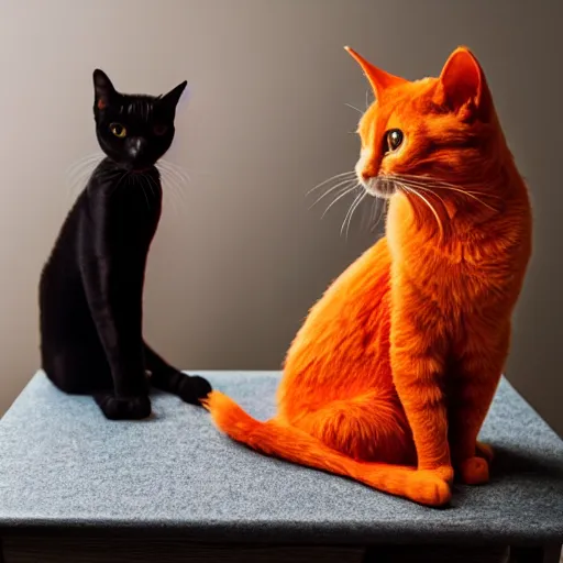 Prompt: orange cat and black cat on a table