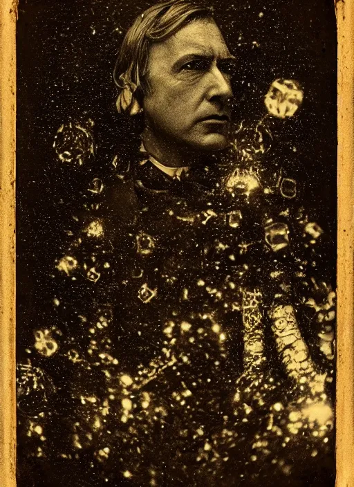 Prompt: old wetplate daguerreotype portrait of saul goodman, explosion of data fragments, fractal, intricate, elegant, highly detailed, parallax, medium format, subsurface scattering, by jheronimus bosch and greg rutkowski and louis jacques mande daguerre