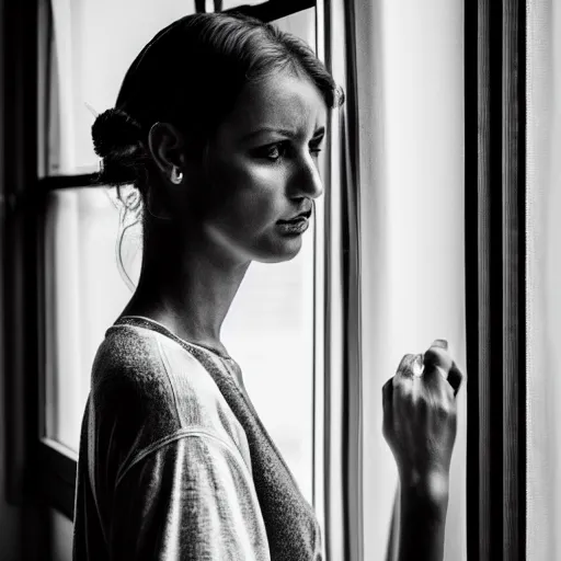 Prompt: black and white fashion photography of a beautiful depressed Woman with detailed face standing by the window, natural light, soft noise, sigma 85mm f/1.4 1/10 sec shutter