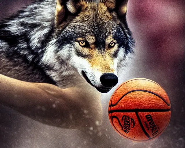 Image similar to wolf playing in nba, realistic photograph, cinematic, award winning photo, 4 k