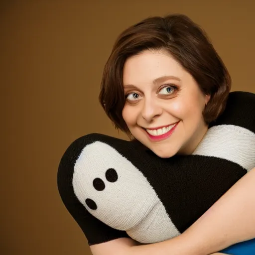 Image similar to rachel bloom hugging a person made out of socks, ultra detailed, 8 k resolution, ultrarealistic