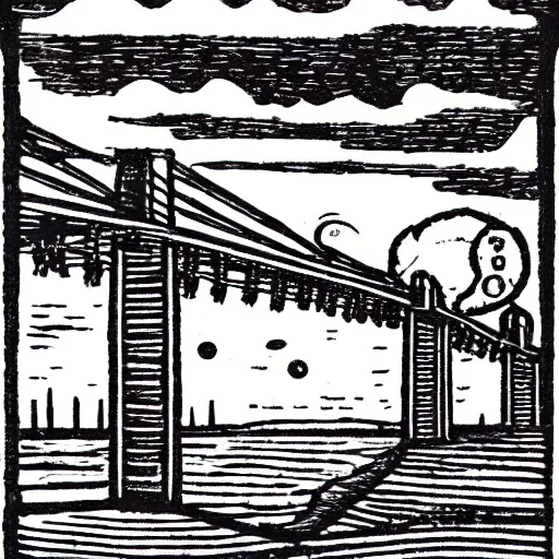 Image similar to small steel suspension bridge built in 1 9 2 8, side view, puffy clouds in background, ufo floating in the sky, woodcut style, rubber stamp, 8 k